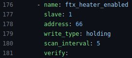 Kodsnutt i texteditor med YAML-konfiguration för en enhet med parametrar som adress och skanningsintervall.