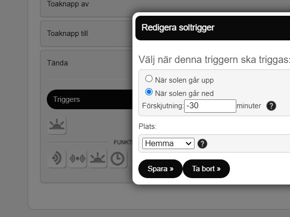 Gränssnitt för inställning av händelseutlösare baserat på soluppgång/solnedgång, med tidsförskjutningsfunktion för smarthemsystem.