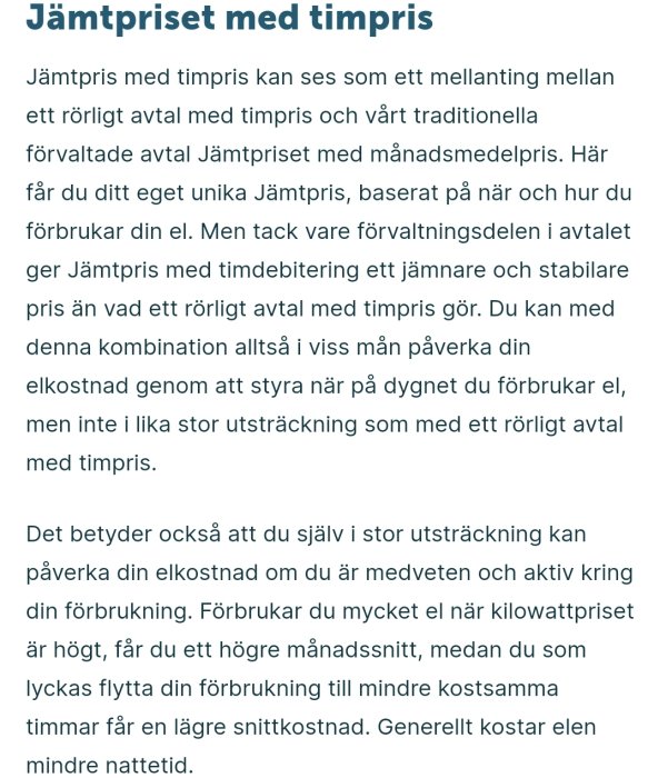 Text om jämtpris med timpris för el, beskriver ett flexibelt avtalskoncept med förbrukningsbaserad kostnad.