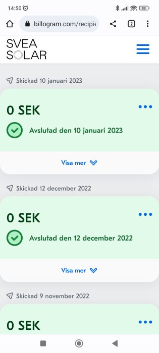 Skärmbild av webbsida som visar avslutade fakturor på 0 SEK från SVEA SOLAR.