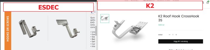 En webbsidabild som visar takkrokar från olika tillverkare, ESDEC och K2, med priser och köpalternativ.