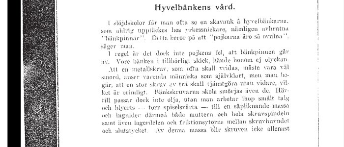 Svartvit bild av text på svenska, rubrik "Hyvelbänkens värde", handlar om verkstäder och underhåll av verktyg.