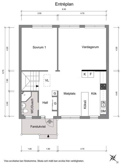 Ritning av en lägenhet med vardagsrum, kök, sovrum, hall, matplats och WC/dusch.