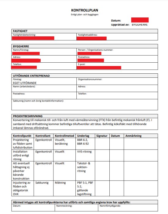 Svensk kontrollplan för byggprojekt med fält för information om fastighet, byggherre, entreprenad och projektbeskrivning.