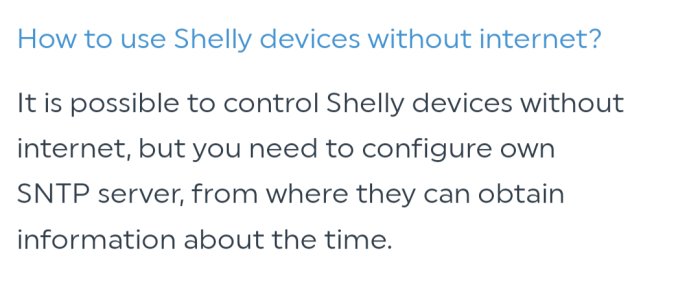 Textinstruktion för att styra Shelly-enheter utan internet med egen SNTP-server för tidssynkronisering.