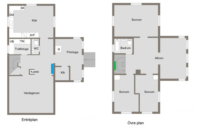 Tvåvåningshus ritning: Entréplan med vardagsrum, kök, tvättstuga; Övre plan med sovrum, badrum, allrum.