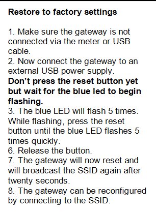 Steginstruktion för att återställa en gateway till fabriksinställningar, inklusive anslutning och knapptryckningar.