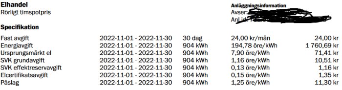 En elräkningsdetaljerad sammanfattning med datum, avläst energianvändning och kostnader för olika avgifter.