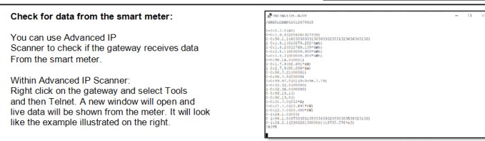 Instruktioner för att använda Advanced IP Scanner och Telnet för att kontrollera data från en smart mätare, samt skärmdump av dataloggen.