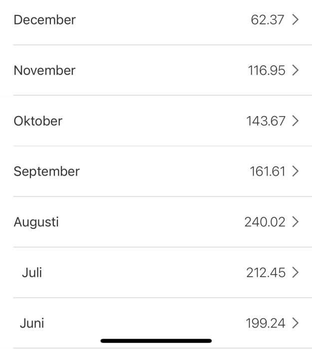 Skärmdump visar lista över månader med siffror, eventuellt utgifter eller statistik.