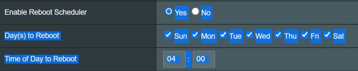 Inställningsgränssnitt för schemalagd omstart av enhet varje dag klockan 04:00.