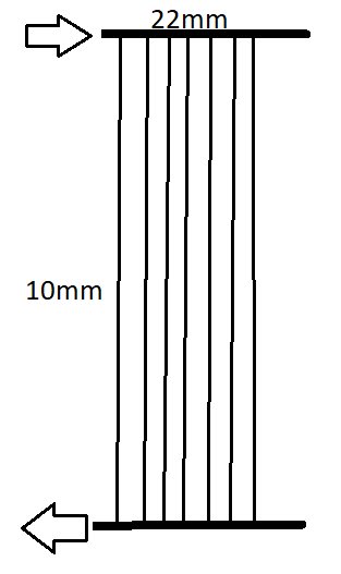 Enkel ritning av en föremål med måttmarkeringar: 22mm bred och 10mm hög.