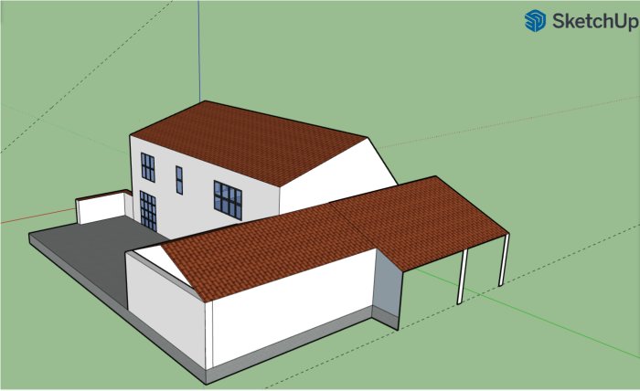 3D-modellerad byggnad, två våningar, lutande tak, carport, vita väggar, tegeltak, SketchUp, design, enkel, digital illustration.