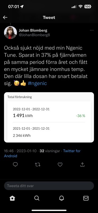 Skärmavbild av Twitter-inlägg där användaren delar elbesparing med Ngenic Tune-system, noterar minskad förbrukning och jämnare inomhustemperatur.