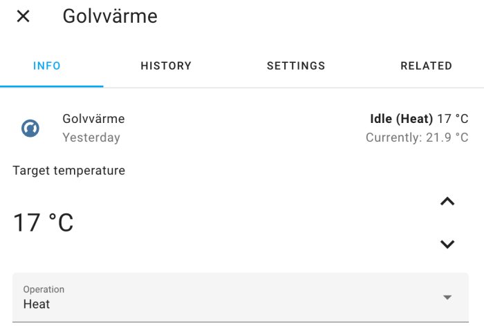 Gränssnitt för golvvärmestyrning med måltemperaturinställning och aktuell temperaturvisning.