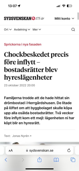 Skärmdump av en nyhetsartikel på Sydsvenskan om bostadsrätter som oväntat blev hyresrätter.