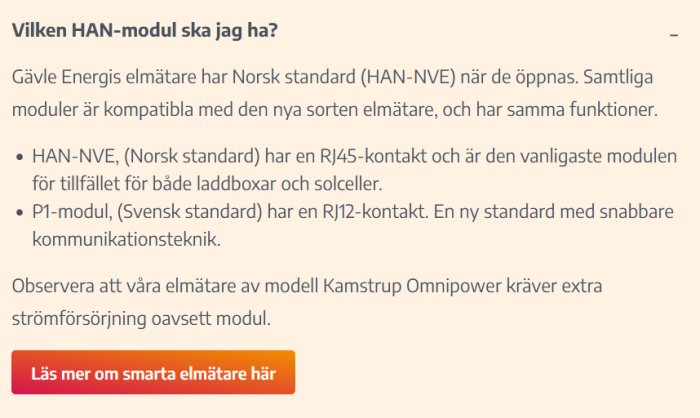 Text om val av HAN-modul med Norsk och Svensk standard för smarta elmätare och kompatibilitet.