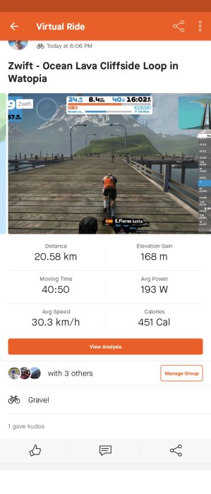 Skärmdump av en Zwift virtuell cykeltur rapport, med distans, tid, hastighet, och kaloriförbrukning.