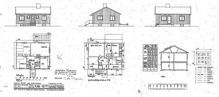 Arkitektritningar av ett hus, fasadutsikt samt planlösningar och nedre våningens detaljer.