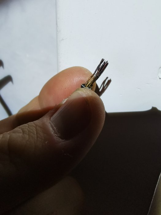 En hand håller en avskalad elektrisk kabel med synliga metalltrådar.