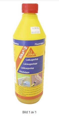 Gul flaska med etikett för Sika Läckagestopp, Pikatulppa. Byggprodukt för tätningsarbeten.