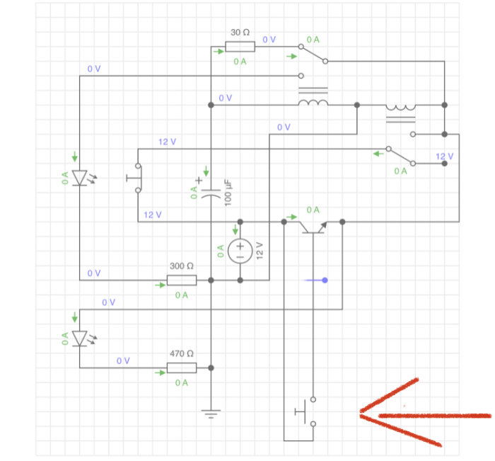 Elektroniskt kretsdiagram med resistorer, kondensatorer, spänningar, strömmar och jordningssymboler.