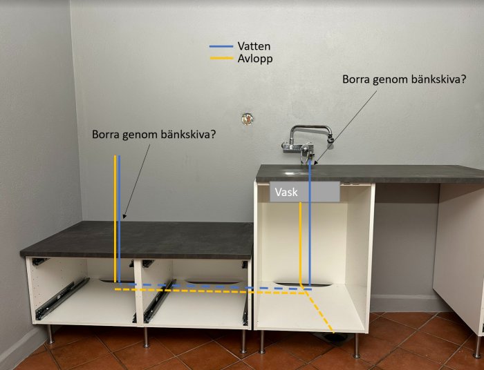 Kök utan skåpluckor, markeringar för installation av diskho och VVS.