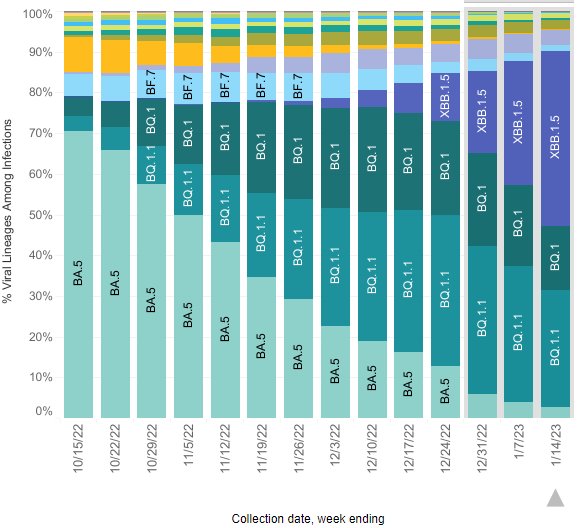 Stapeldiagram som visar procentandel virusstammar över tid, färgkodade för identifiering, med veckovisa data.