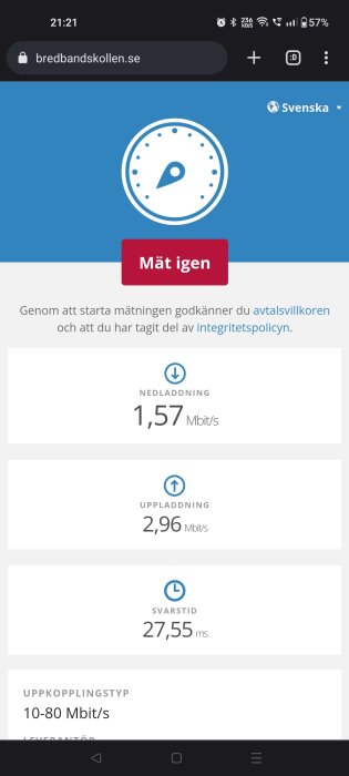 Skärmdump av bredbandskollen.se visar låg nedladdnings- och uppladdningshastighet samt svarstid för en internetanslutning.