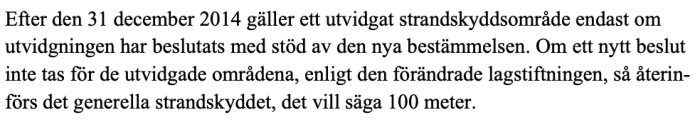 Svensk text om utvidgat strandskyddsområde och lagstiftning gällande från 2015, föreskrift om 100 meter.