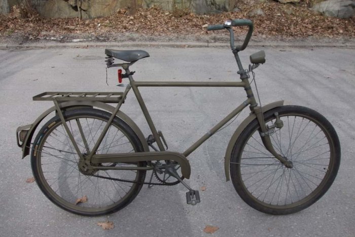 Militärgrön cykel med bagagehållare, stående på asfalt, ingen person synlig, dagsljus, löv på marken.