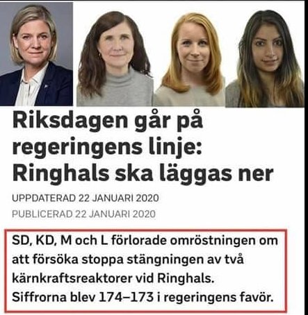 Fyra kvinnor, nyhetsartikel, omröstning riksdagen, kärnkraftsreaktorer, Ringhals, regeringens linje, röstsiffror.