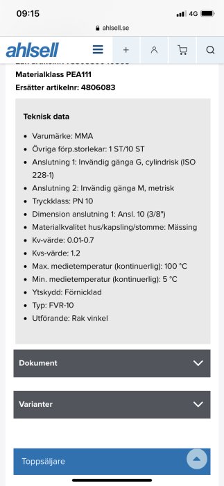 Mobilskärm visar Ahlsell-produktsida med tekniska specifikationer för ett rördelstillbehör.