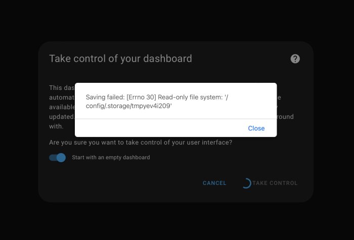 Felmeddelande på skärm: "Saving failed: [Errno 30] Read-only file system". Användargränssnitt för dashboard, mörk bakgrund.