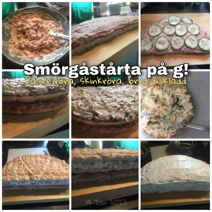 Bildkollage som visar steg-för-steg-tillverkning av en smörgåstårta med texten "Smörgåstårta på gång!"