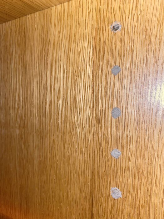 Träyta med spacklade hål, möjligen dörr eller vägg, ljusbrun, synliga ådringar, lutande perspektiv, interiör detalj.