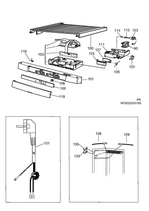 Exploded view-diagram och två installationsvyer av tekniskt apparat, troligtvis elektronisk utrustning.