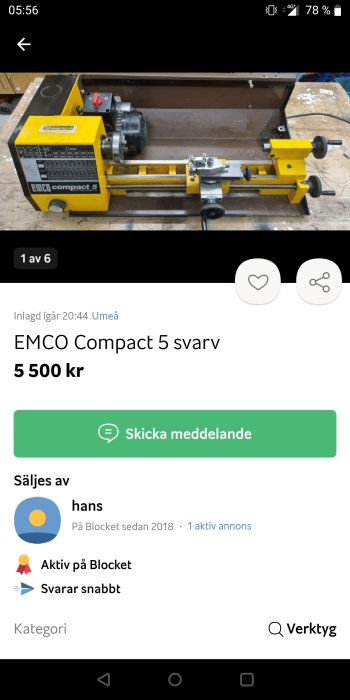 En svarv från EMCO Compact 5 till salu på annonssida, pris 5500 kr, skärmavbildning.