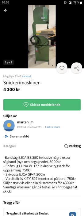 EJCA bandsåg till salu på Blocket från Karlstad, begagnade snickerimaskiner, online-shopping skärmdump, prisinformation.