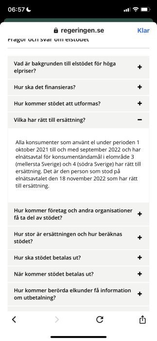 Skärmbild av regeringen.se, frågor och svar om elstöd, frågelista, text på svenska, mobilgränssnitt.