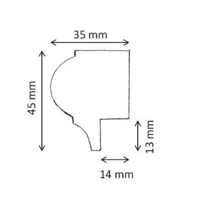 Teknisk ritning av en profil med måttangivelser: 35 mm, 45 mm, 13 mm, 14 mm.