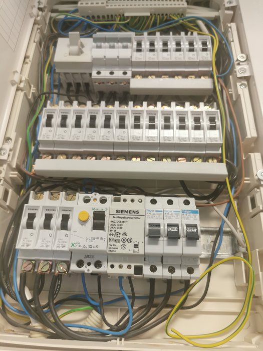 Elcentral med säkringar, automatsäkringar, reläer, och märken som Siemens. Kablar organiserade för strömförsörjning.