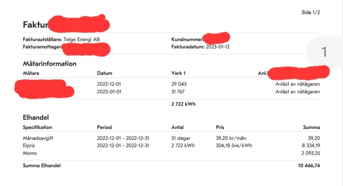 Elräkningsfaktura, energikonsumtion i kWh, månadskostnader, datum, total summa, svenskt, personlig information dold.