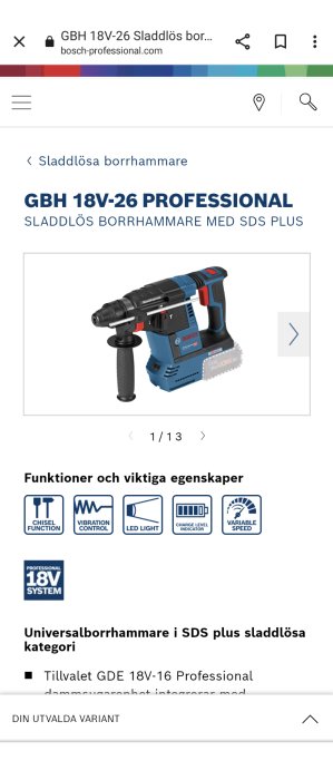 En blå och svart Bosch sladdlös borrhammare med funktioner som mejselfunktion och vibrationskontroll visas på en webbsida.