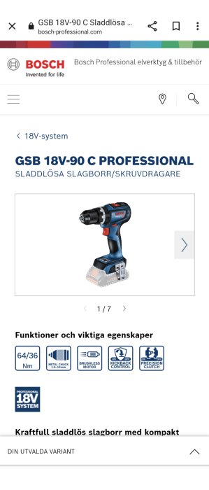 Bosch sladdlös skruvdragare/reklamsida med produktinformation och egenskaper som moment och borrlägen.