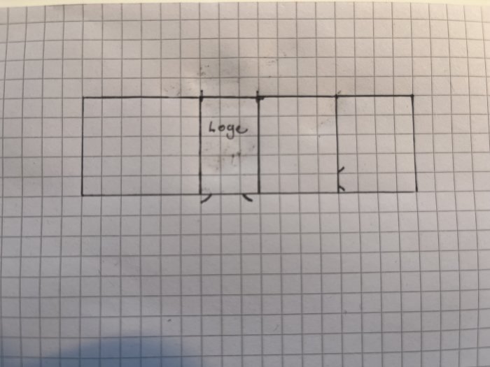 Enkel skiss på rutat papper, rektangulär struktur med ordet "Logo" i mitten, nedfläckning ovanför.