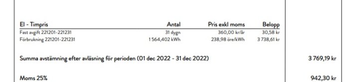 Elräkning med timpris, fast avgift, förbrukning, belopp och moms specificerat för en period.