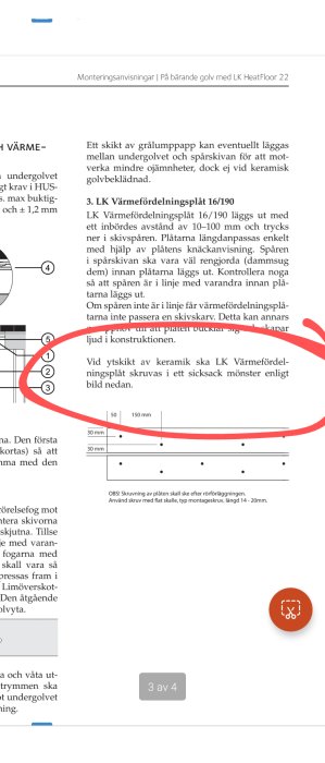 Instruktionsblad för golvvärmeinstallation, diagram, text på svenska, röd markering med siffror, tredje sidan av fyra.