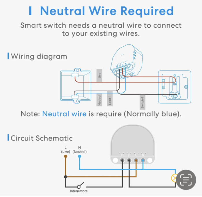 Elektriskt kopplingsschema och instruktion för installation av en smart strömbrytare som kräver en nollledare.