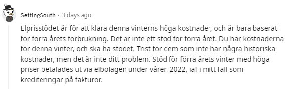 Text om elprisstöd, höga kostnader, historiska förbrukningen, stöd för föregående år, krediteringar via elbolag.